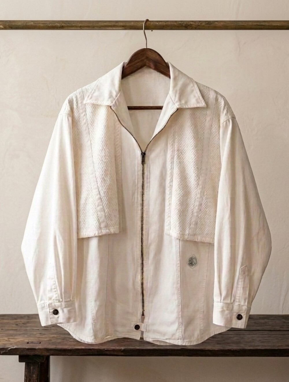 VTG Blue Willi's Danish Design White Textured Knit Patchwork Full Zip Jacket XL